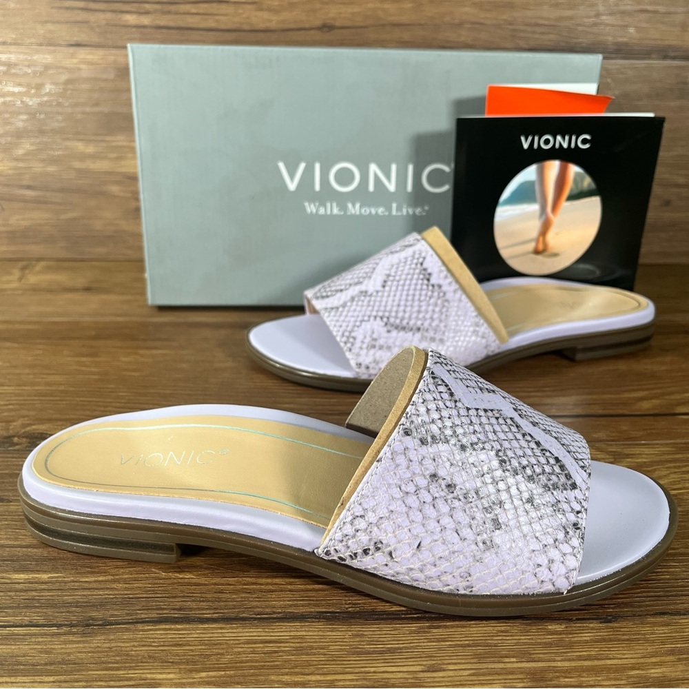 VIONIC Demi Purple Leather Slides Sandals Slip-On Shoes‎ Snakeskin Women’s NEW